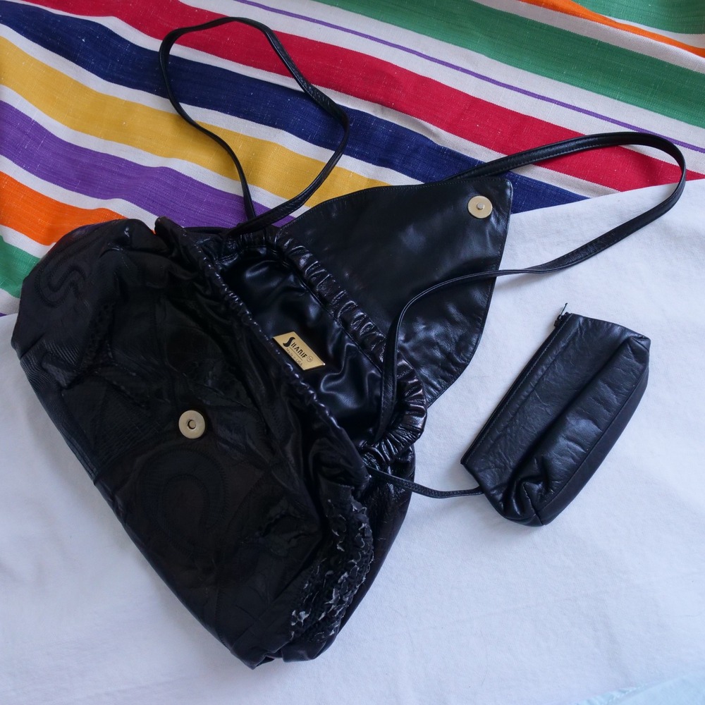 Vintage 80s Sharif black leather patchwork clutch/crossbody bag - Picture 6 of 8